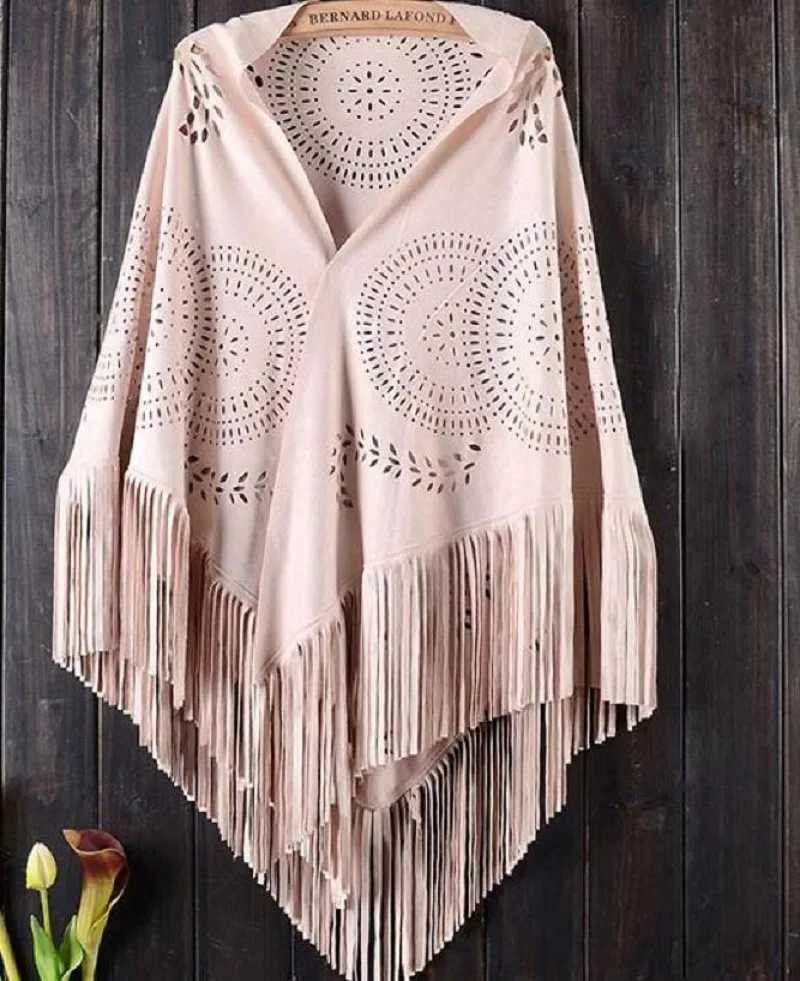 Spring and Autumn womens suede hollow round tassel shawl W240921