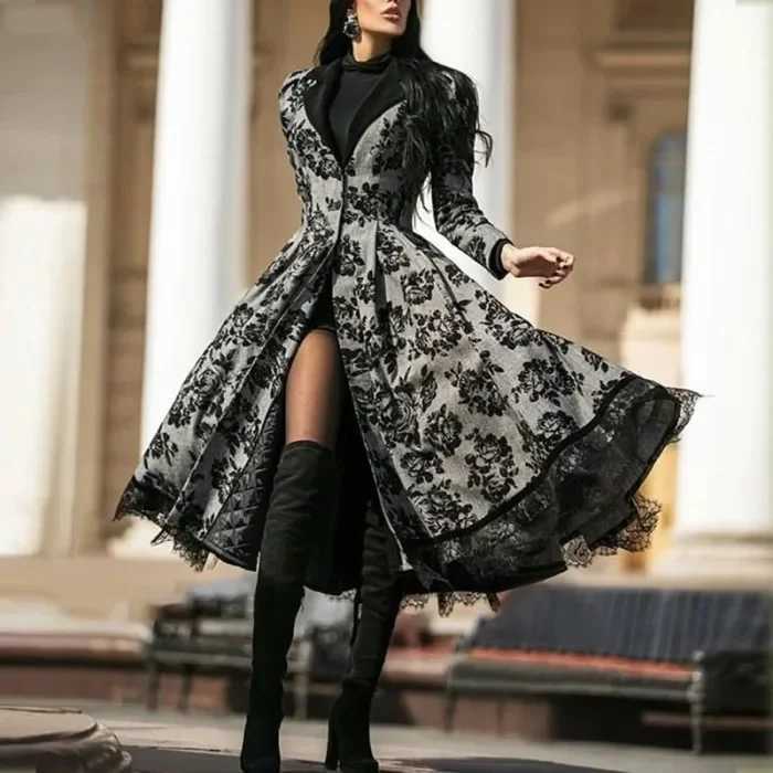 Ladies Autumn and Winter New Lace Patchwork Vintage Long V-neck Trench CoatSolid Color Print Big Swing Trench Coat for WomenX240921