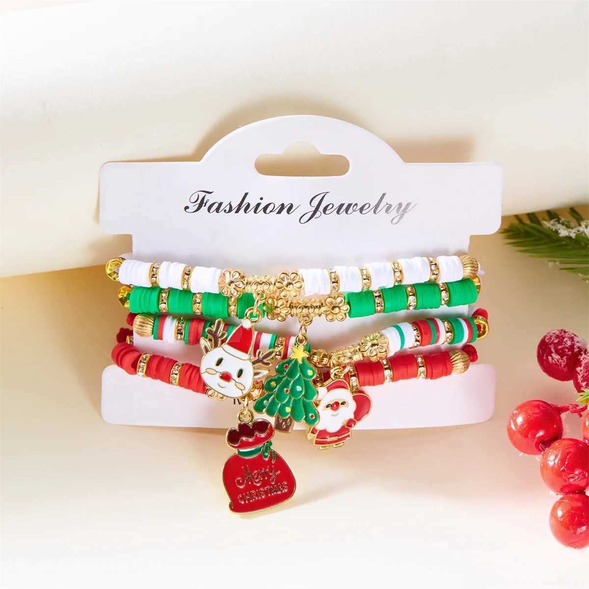4Pc/Set Merry Christmas Tree Santa Claus Bracelet For Women Xmas Deer Crystal Polymer Clay Beads Woven Bracelet New Year JewelryX240921