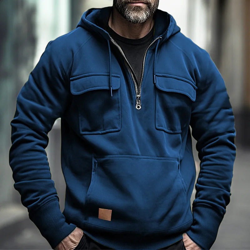 Mens Hoodie Brushed Sweatshirt Loose Pocket Long Sleeve Large Patch Pocket Half Zipper Elastic Cuff Mens Zipper Top 240919
