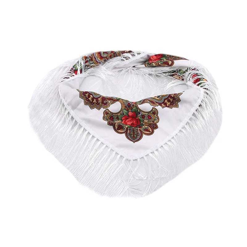 Womens shawl retro ethnic style small square scarf four sided tassel printed flower travel warm and dustproof womens headscarf W240921