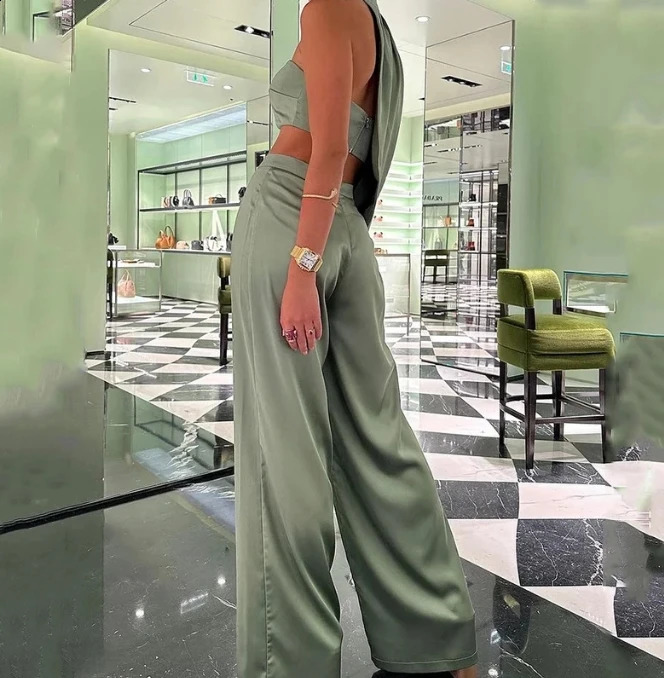 Two piece casual womens autumn sexy pendant neck Oblique shoulder bra vest wide leg Trouser set 240918