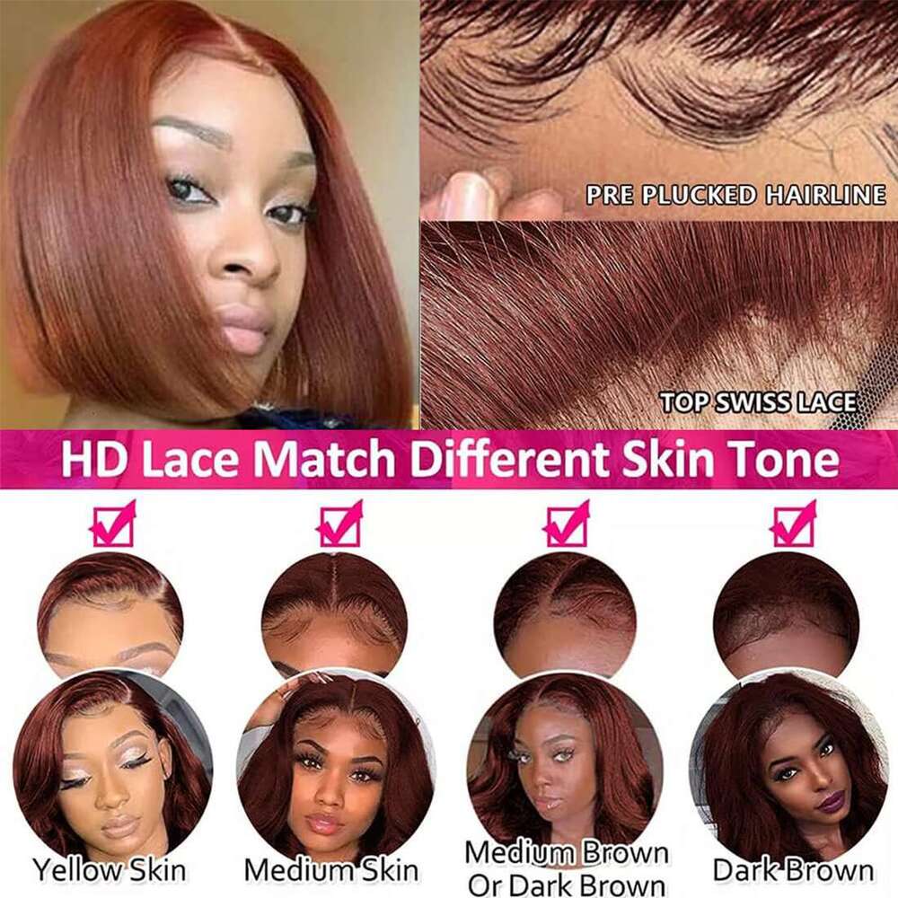Reddish Brown Short Bob Wig 13x4 Lace Front Pre Plucked With Baby Virgin Human Hair Wigs