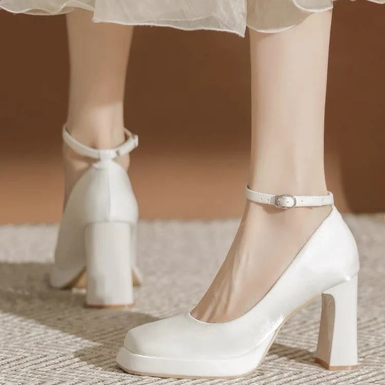 Platform High Heels for Women Chunky Heels Mary Jane satin square toe bridal shoes wedding shoes single shoes 240919