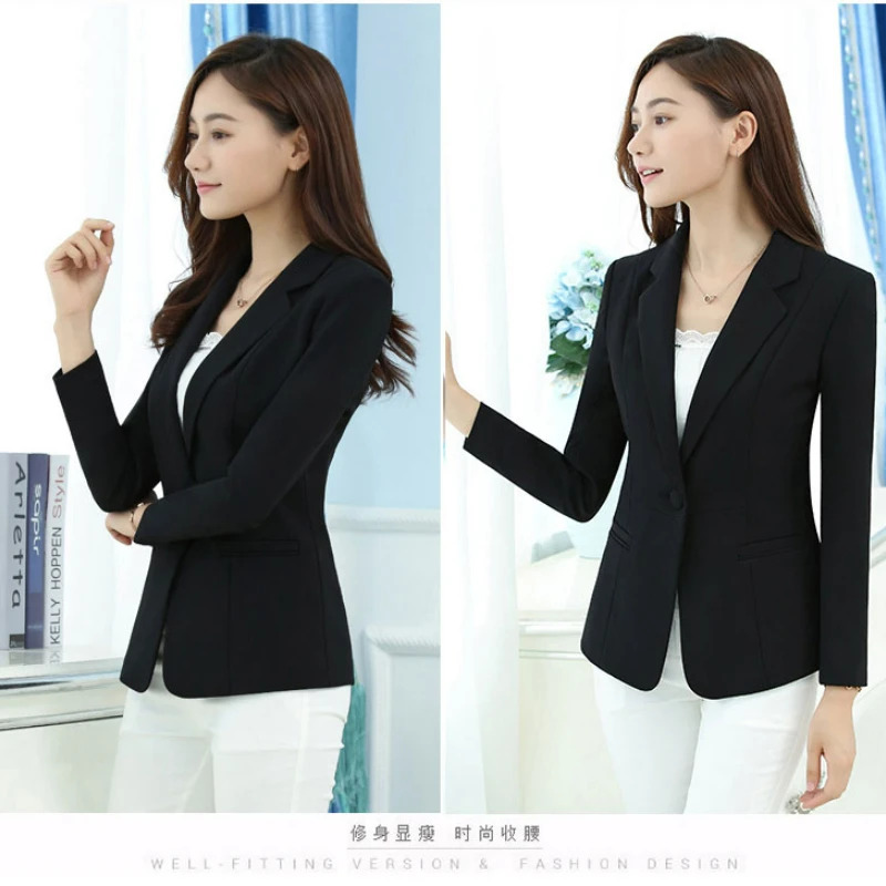 Blazer Office Lady 2024 Elegant Slim Notched Women Blazers And Jackets Button Long Sleeve Solid Work Female Blue Suit Coat