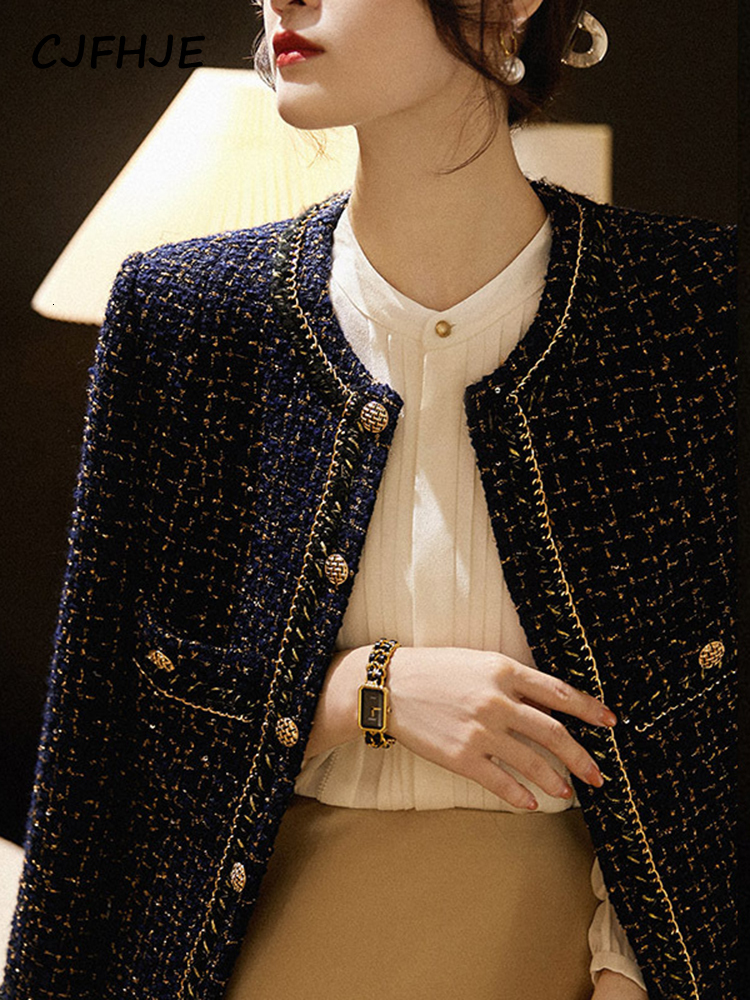 CJFHJE All-Match Tweed Coat Female New Elegant O-Neck Cropped Jacket Women Spring Autumn Korean Fashion Pockets Outwear Clothing