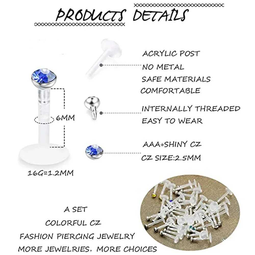 20pcs Tragus Retainer Clear Lip Studs Flexible Acrylic 2mm CZ Gem Labret Monroe Lip Ring/Helix/Cartilage Earring Stud Y240921