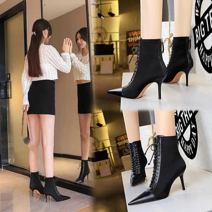 CMM Korean Fashion Sexy Slim Womens Boots Thin Heels High Heels Shallow Mouth Lace Up Cross Short Boots