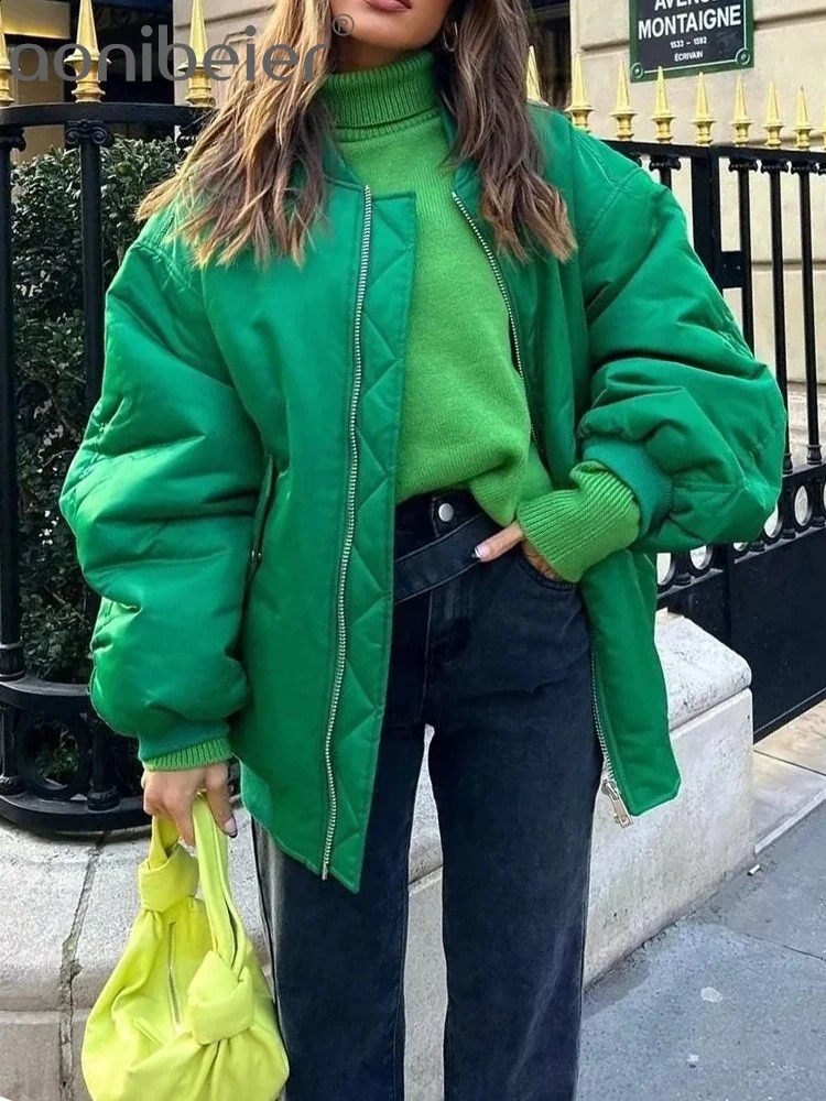 Aonibeier Warm Thicken Women Cotton Coat Traf 2024 Winter Long Sleeve Loose Padded Jacket Y2K Oversize Bomber Jackets Parkas 240918
