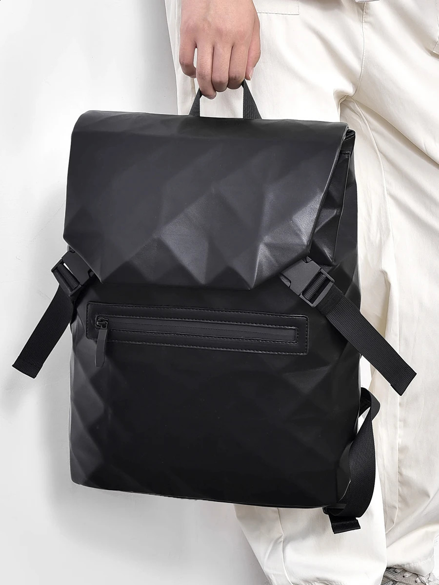 Laptop bag PU leather diamond shaped mens casual backpack waterproof business travel large capacity 240919