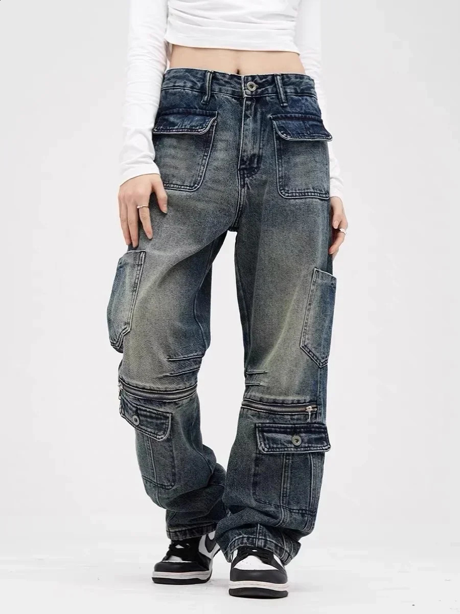 2024 Blue Womens Jeans Hip-hop Fashion Vintage Streetwear Y2K Wide Leg Straight Jean High Waist Trouser Baggy Cargo Denim Pants 240918