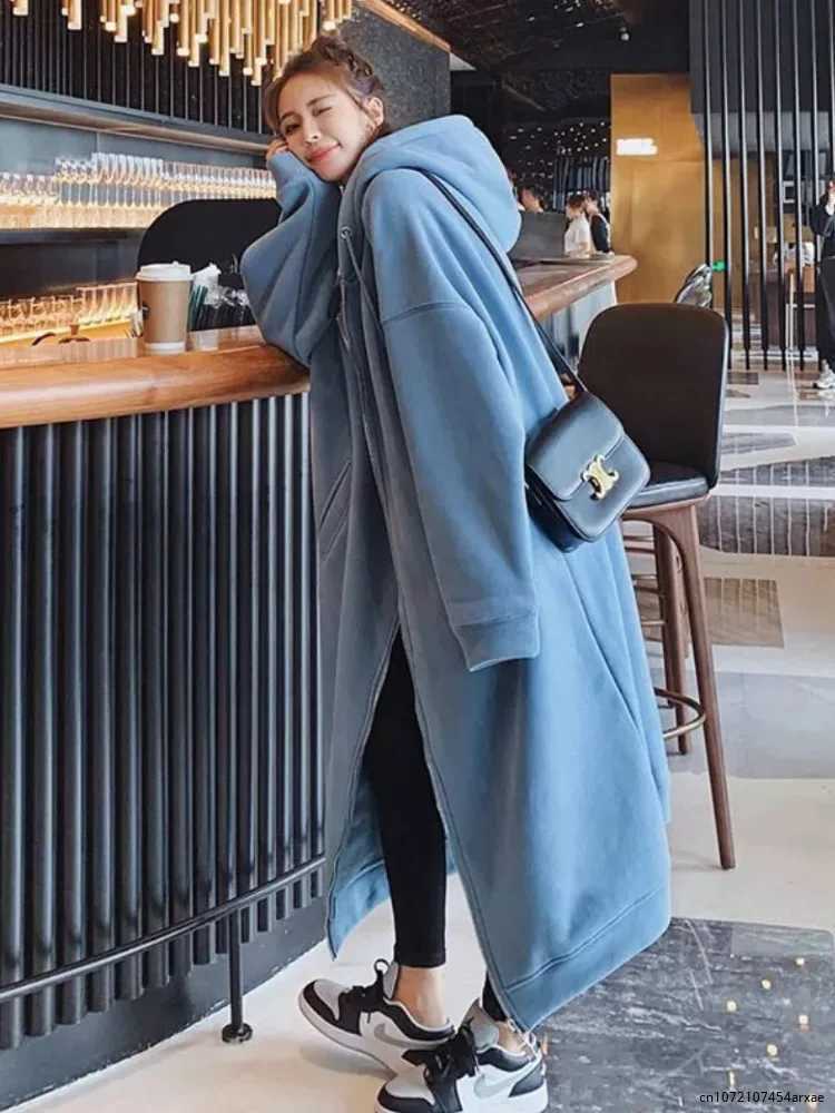 2023 Autumn Winter Women Long Trench Coat Office Lady Casual Zipper Outwear Long Sleeve Jackets Hooded Maxi DressX240921