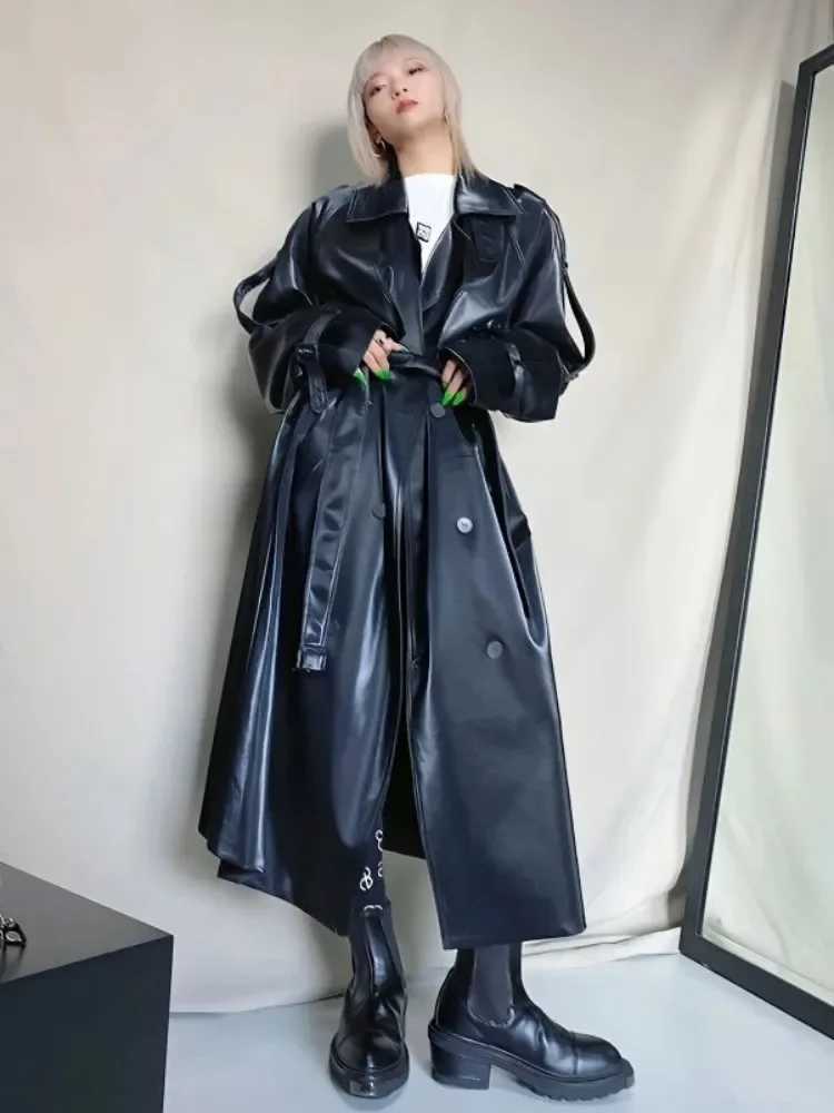 ADAgril Black Leather Trench Coat Women Retro Biker Long Windbreak Jackets Loose Korean Style Fashion Autumn Winter Clothes NewX240921