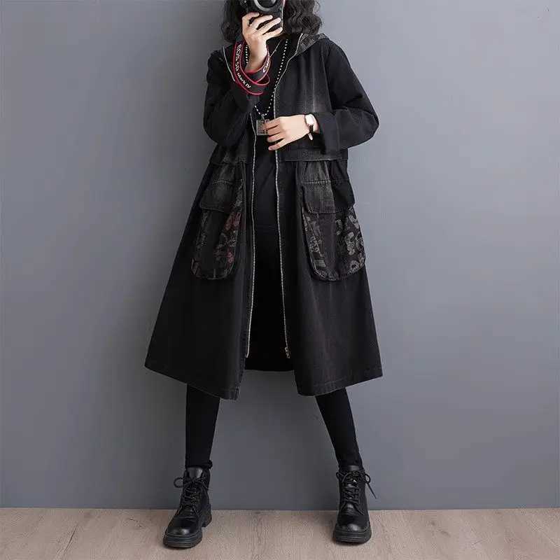 Retro Washed Oversized Denim Jacket 2024 Early Spring Casual Loose Fit Hooded Printed Spliced Jeans Coat Windbreaker Z4057X240921