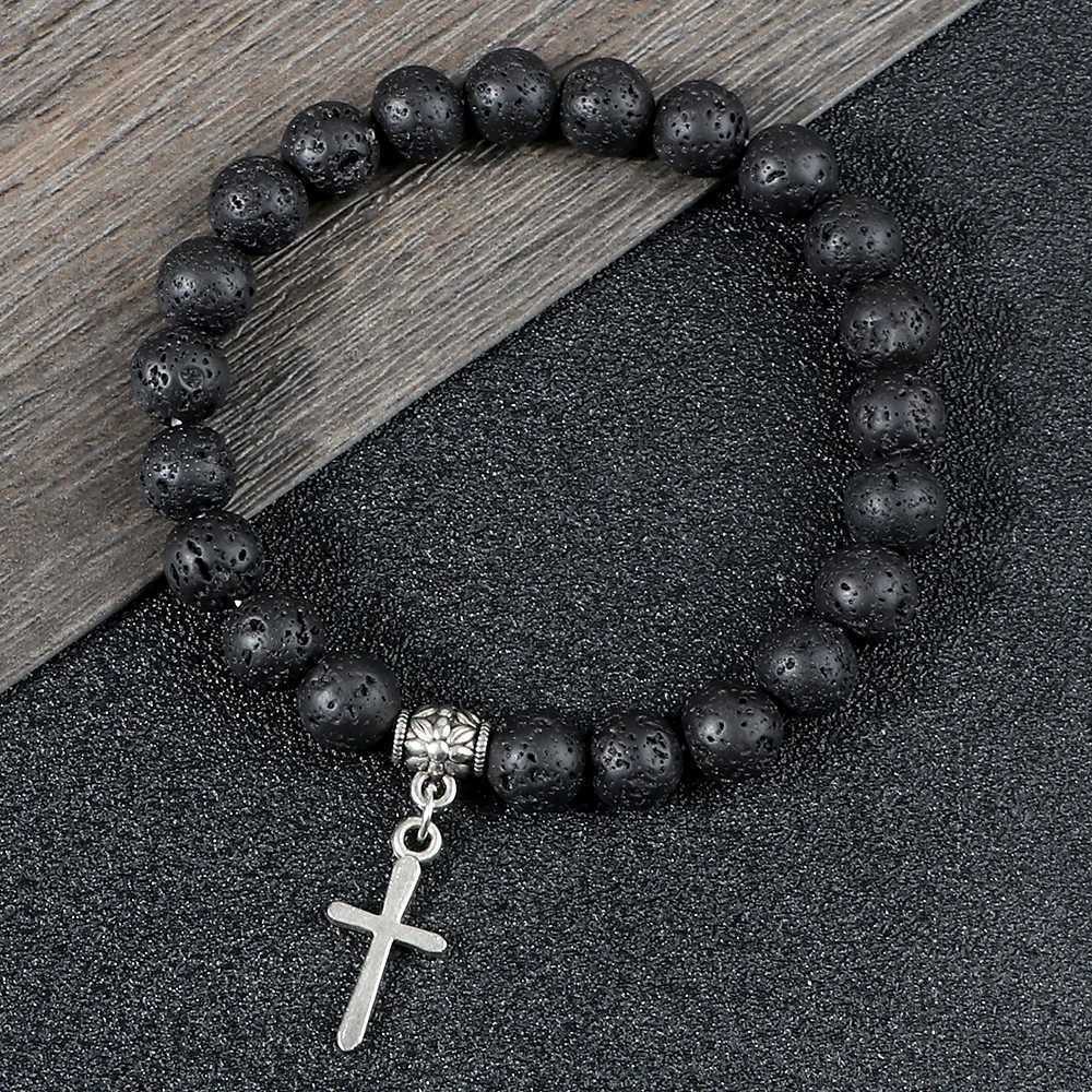 8mm Natural Lava Stone Bead Chain Alloy Cross Pendant Prayer Jesus Bracelet Bangles For Men Women Jewelry Gift Handmade PulseiraX240921