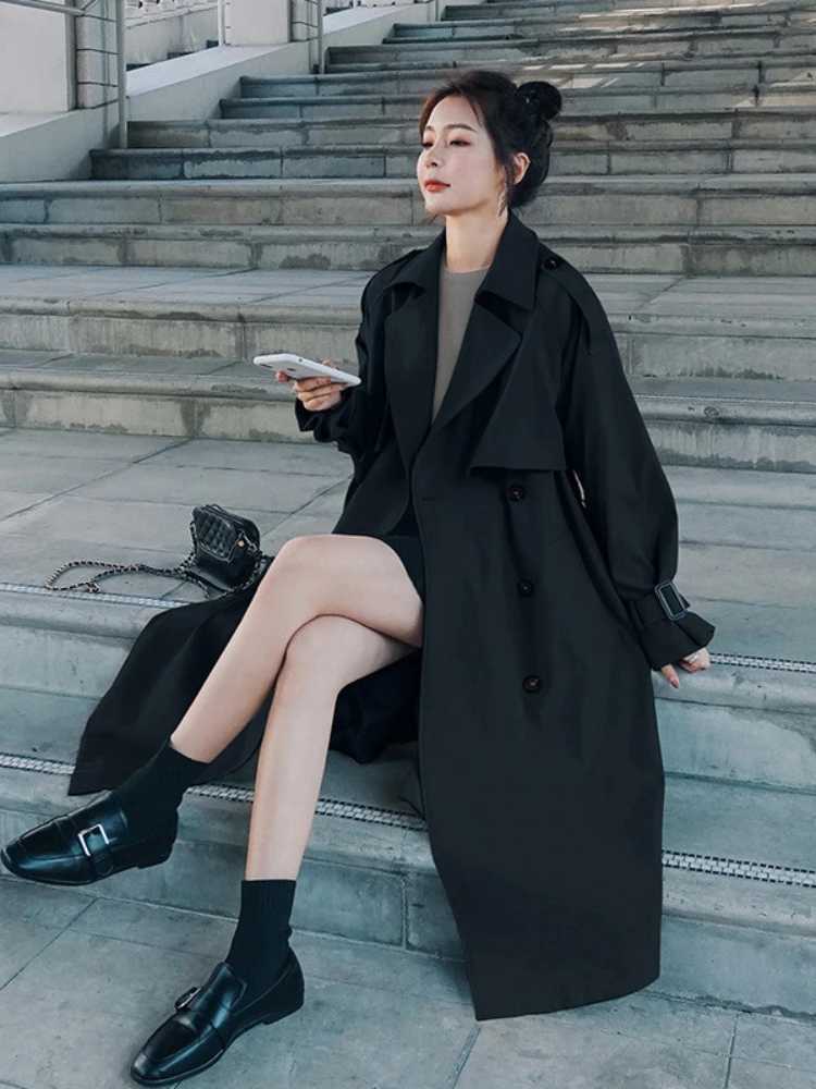 2023 Spring Fall Khaki Long Trench Coats For Women Elegant Korean Loose Overcoats Casual Fashion Streetwear WindbreakerX240921