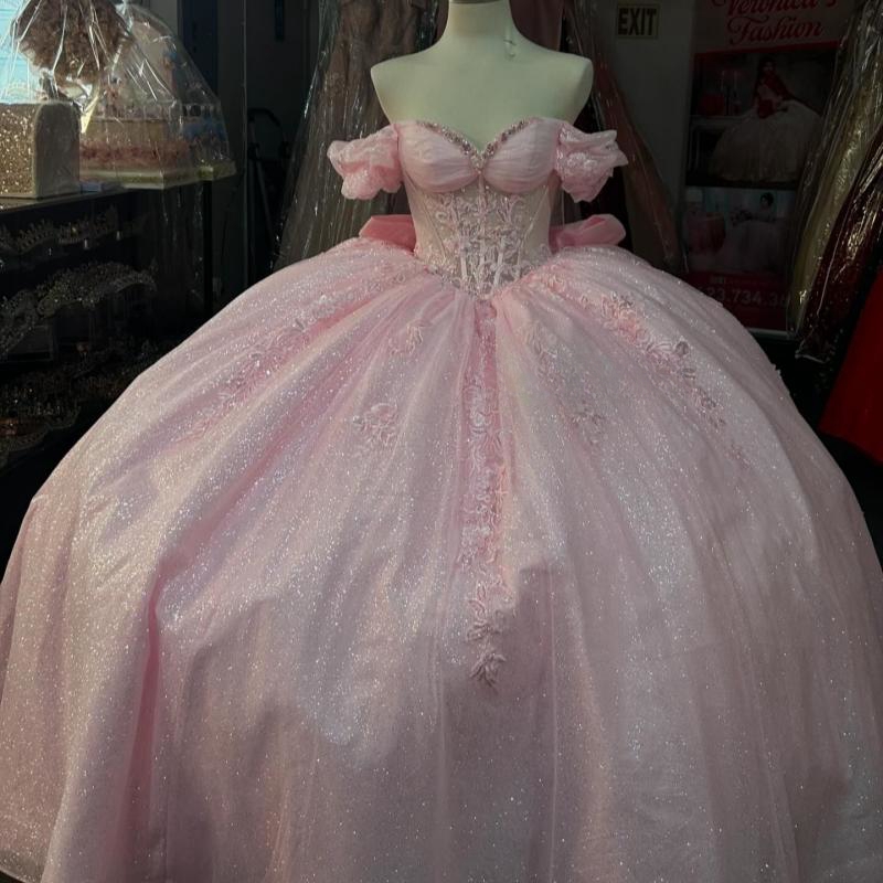 Pink Quinceanera Dresses 2025 Sweet 15 16 Applique Lace Beads Tull Bow Birthday Party Gown Vestidos Para XV Princess Miss Pageant