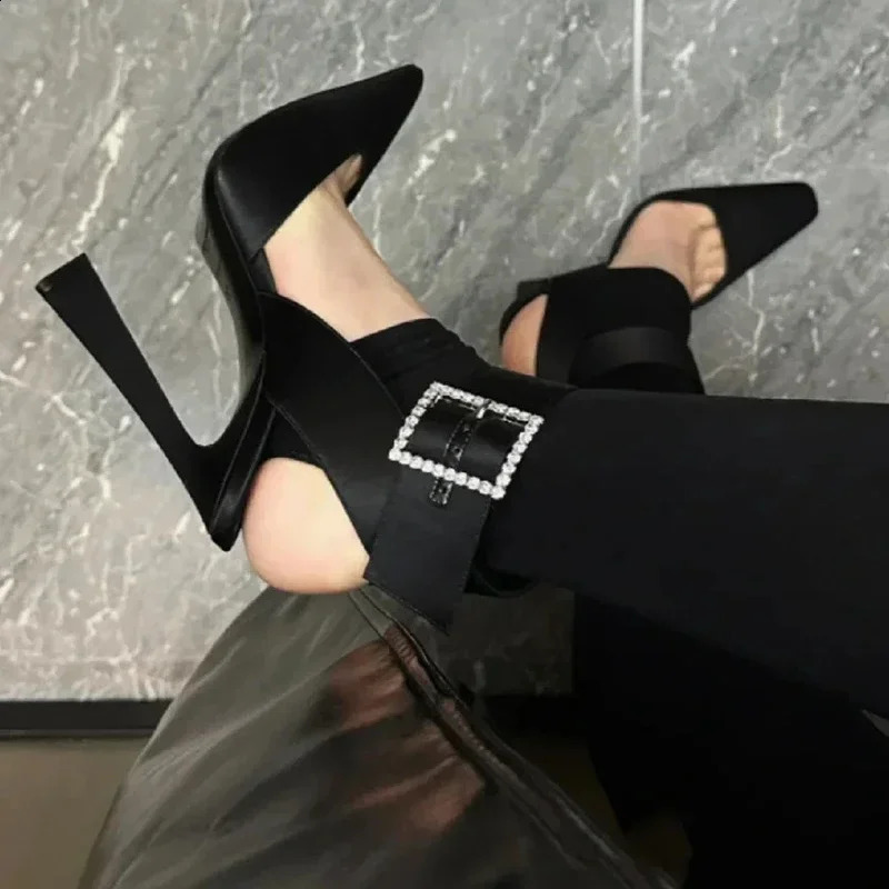Diamond Square Buckle Stiletto Black Silk High Heels Womens Headwear Single Shoes 240919