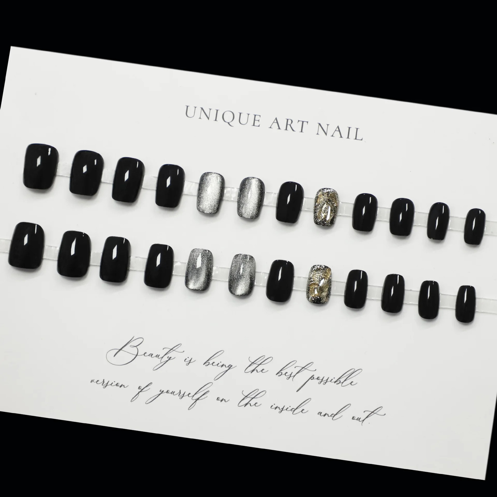 24pcs short square sweet and cool black cat eye white and explosive fake nails removable fake nail rubbing strip and jelly 240914