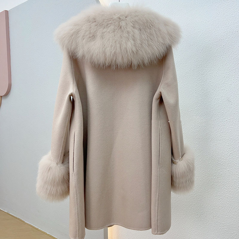 2024 New Loose Blended Coat With Real Collar Long Sleeve Fashion Genuine Fox Fur Jacket Female Outwear Wool Jackets