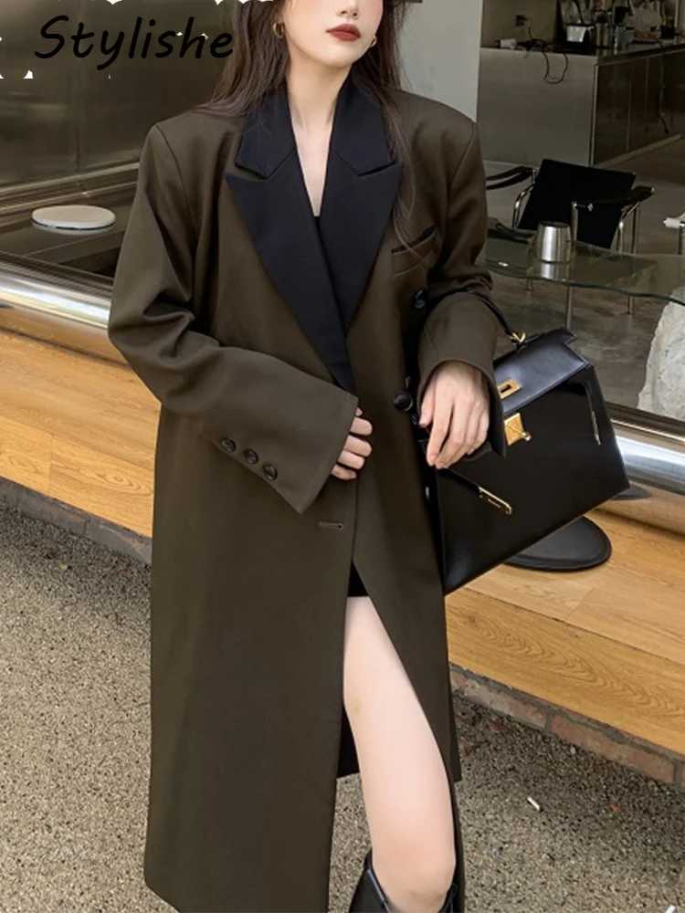Stylishe Women Long Trench Coat Buttons Patchwork Elegant Brown Loose Blazer Jacket Female Autumn Korean Office Lady Coats ChicX240921