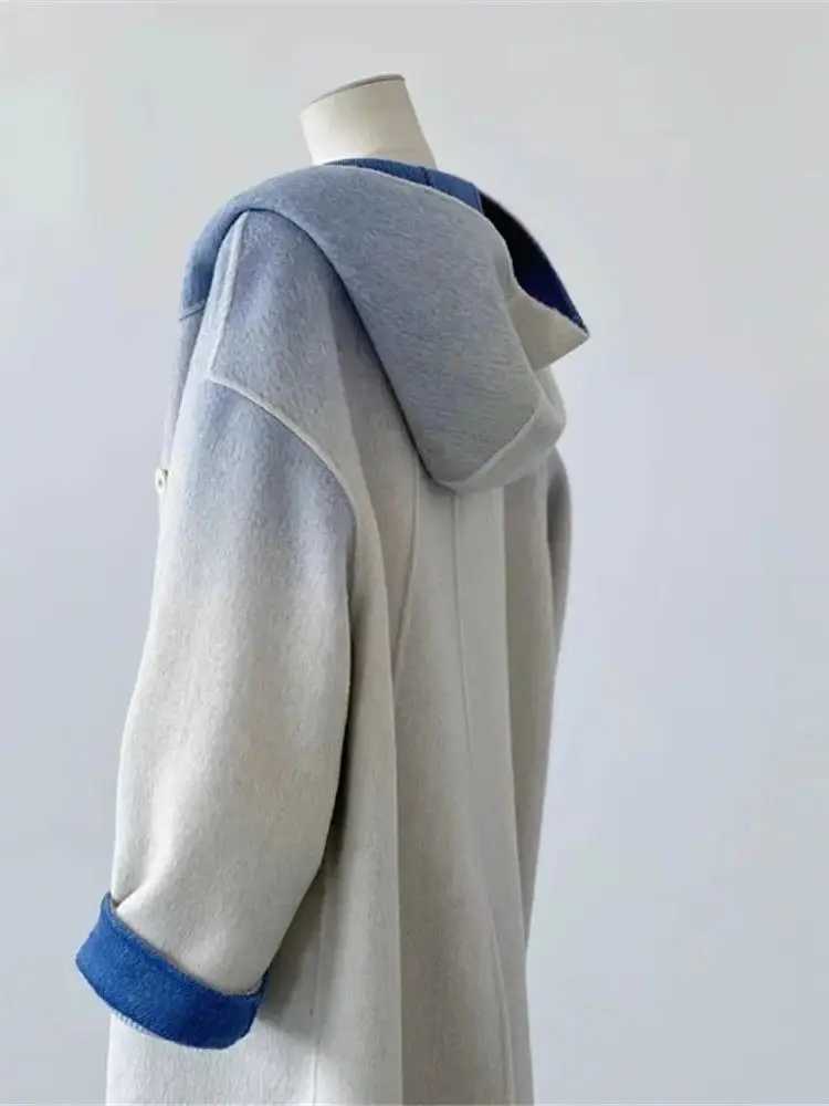 Double sided cashmere office womens gradient wool coat autumn and winter OL style hooded coat 2023 new model Y4670 W240921