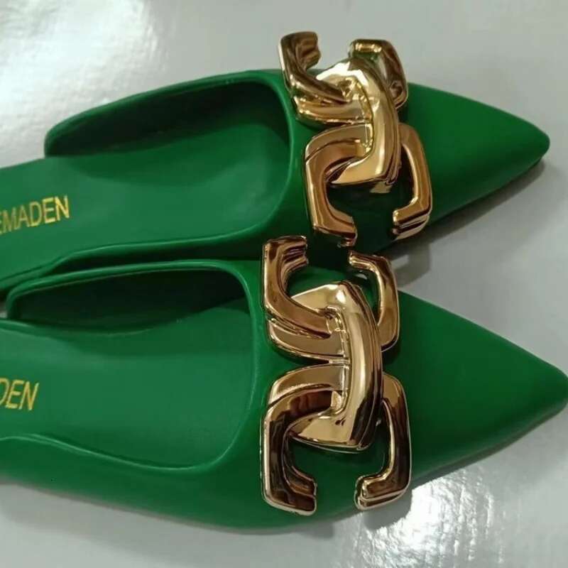 Mules Women Plus Size 42 Summer Fashion Metal Chain Flats Pointed Toe Women's Slippers Ladies Casual Shoes Outside Slides