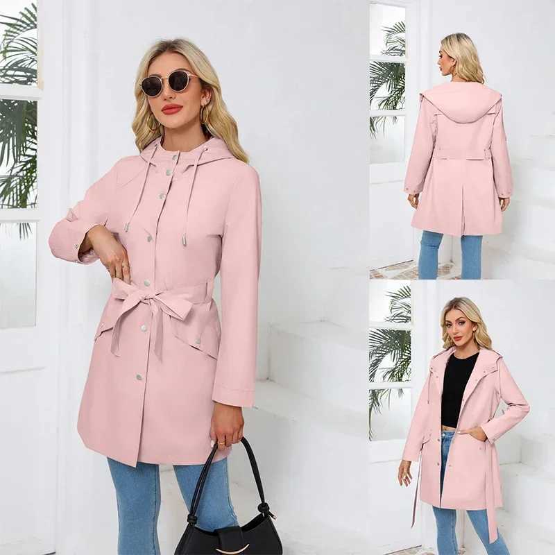 Womens Solid Color Hooded Waterproof Windbreaker Single-breasted Belt Pocket Lapel Long Jacket Coat Casual Loose TrenchX240921