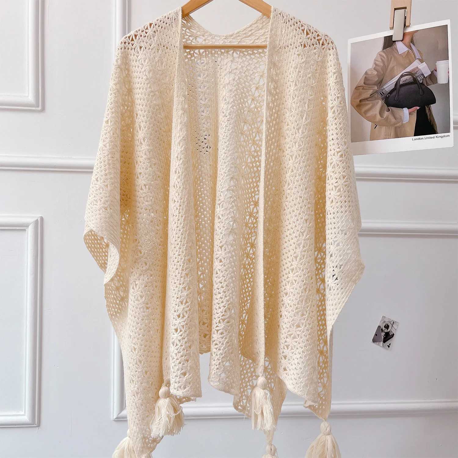 Raincoat ethnic style travel holiday coat photography knitted tassel split style shawl womens shawl womens spring coat W240921
