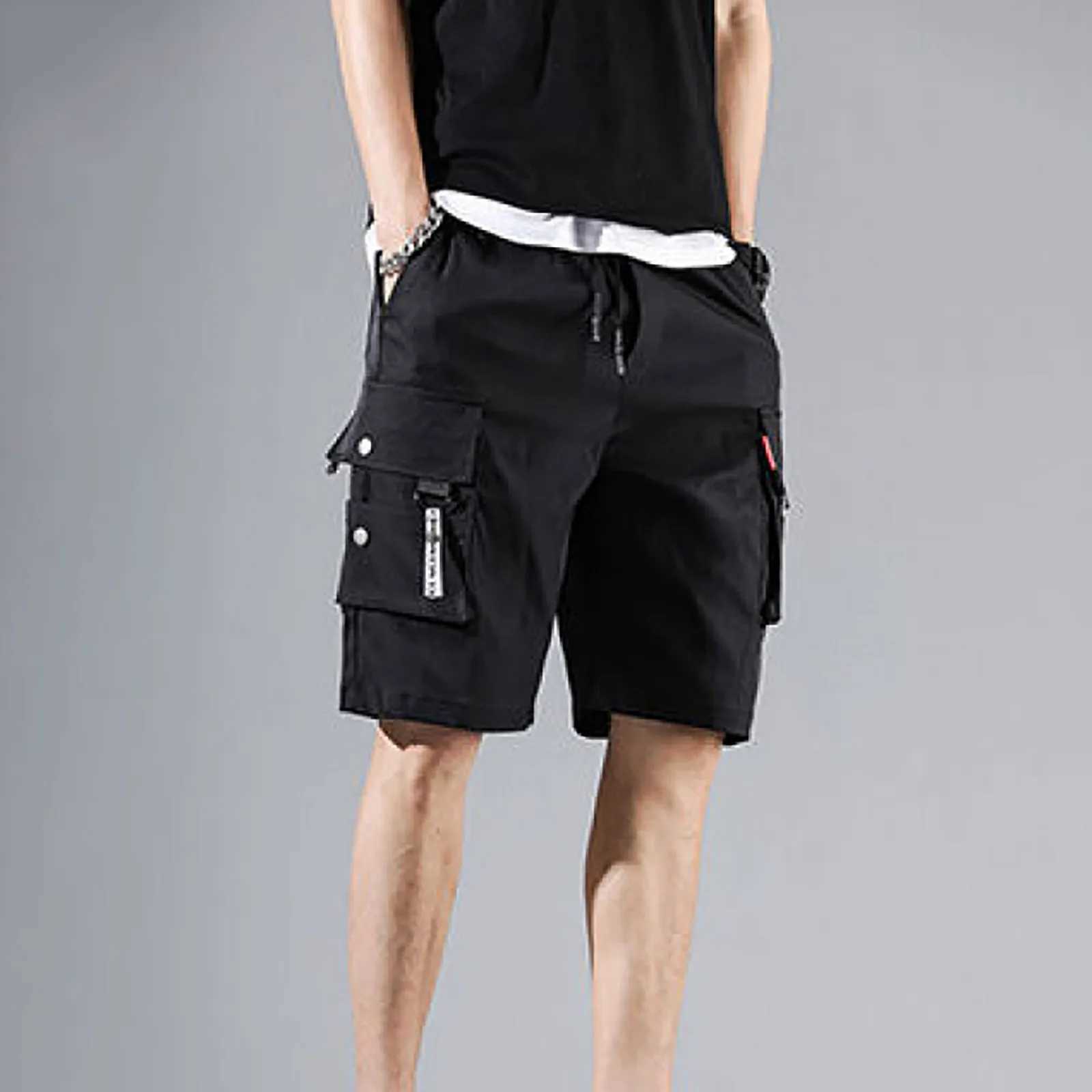 MenS Summer Shorts Elastic Waistband Drawstring Shorts Multi Pockets Straight Wide Leg Mid-Rise Sport Cargo Shorts StreetwearX240921
