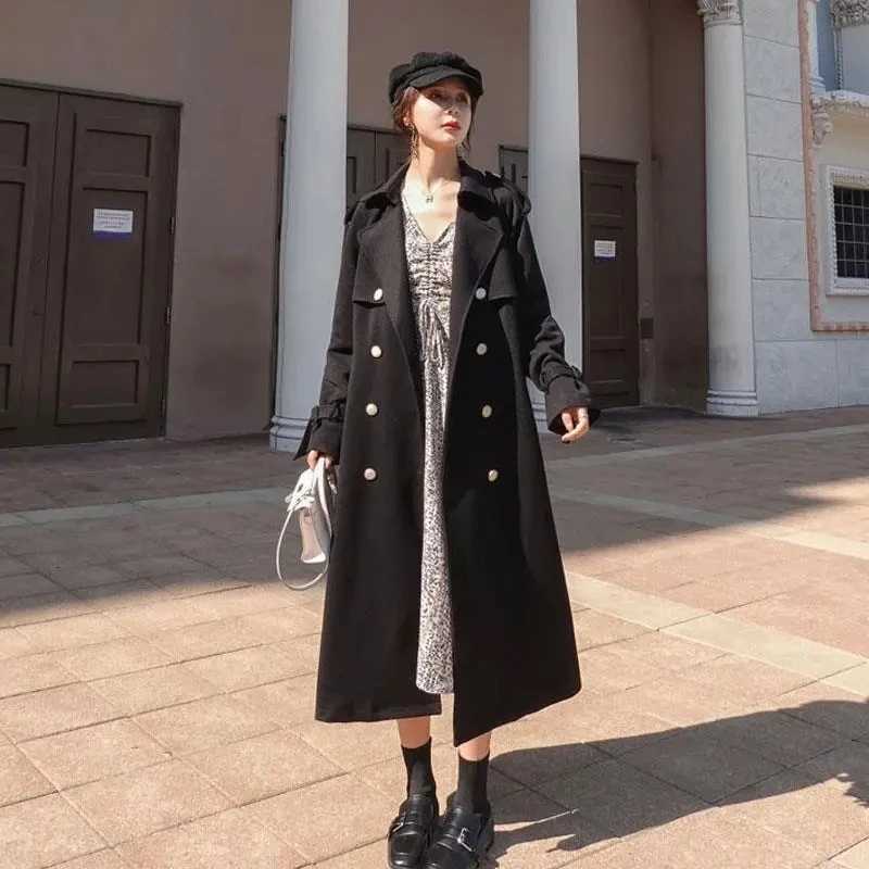 Autumn New Women Mid-Length Trench Coat With Belt Lapel Double-breasted Wine Red Black Elegant Female Windbreaker Windproof CoatX240921