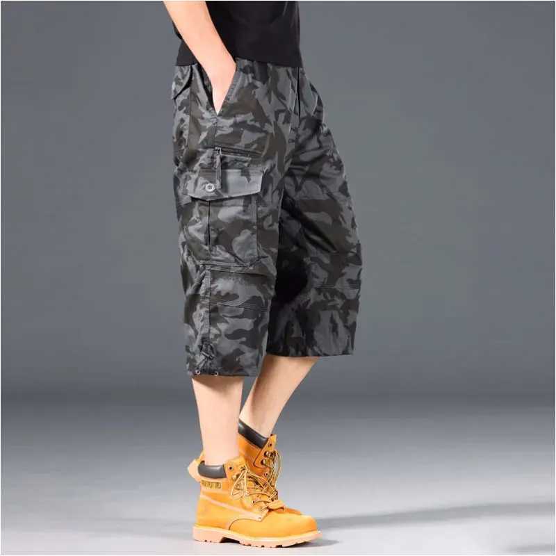 Summer Knee Length Cargo Shorts Mens Loose Casual Cotton Multi Pockets Breeches Capri Short Jogging Camouflage Tactical ShortsX240921