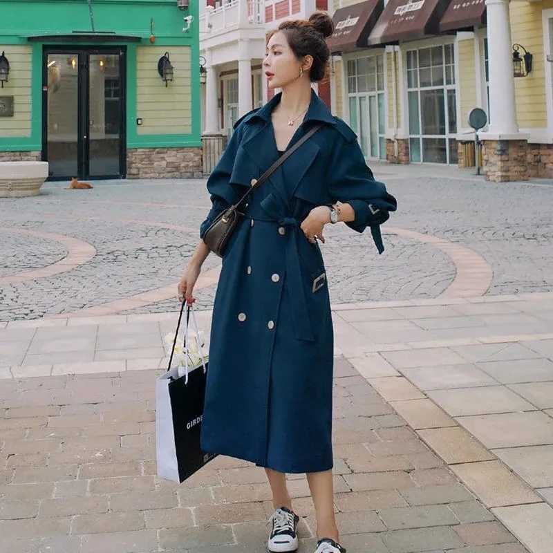 Vintage Wine Red Elegant Mid-length Double Breasted Trench Coat With Sashes Women Dark Blue Khaki Black Coat Loose Casual AutumnX240921