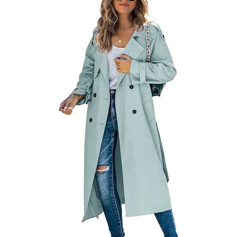 Women s Classic Long Trench Coat Double-Breasted Lapel Long Sleeve Windproof Overcoat with BeltX240921