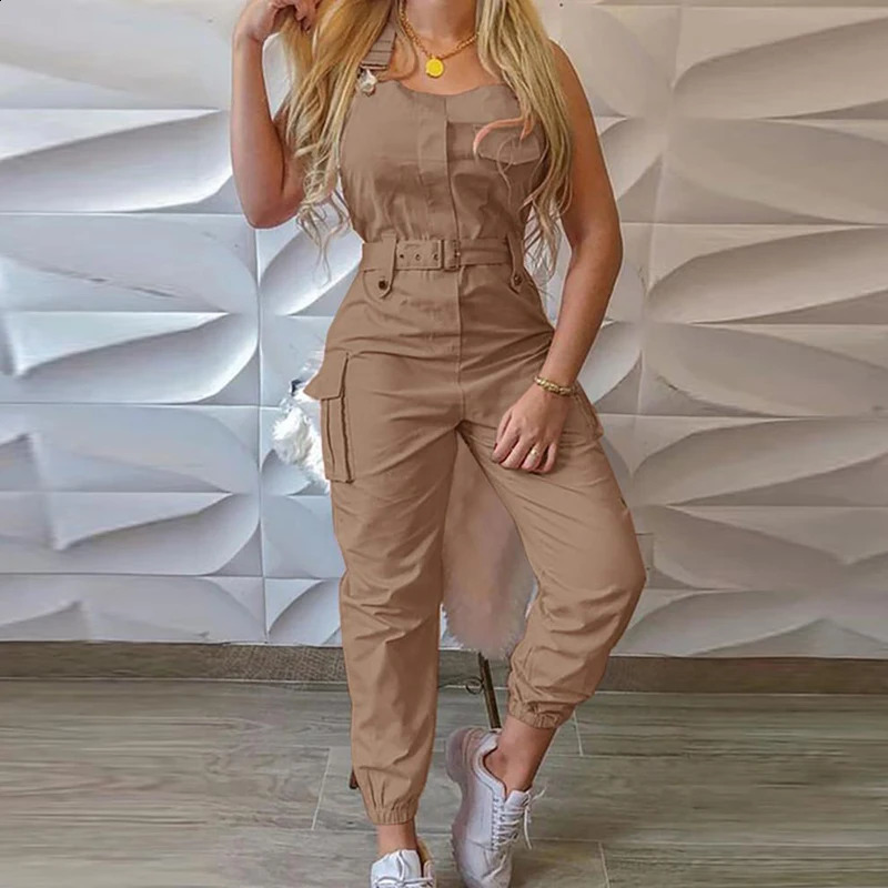 Strap Sleeveless Jumpsuit Women Loose Dungarees Long Rompers Summer Solid Pockets Cargo Pants Female Casual Work Out Playsuits 240920