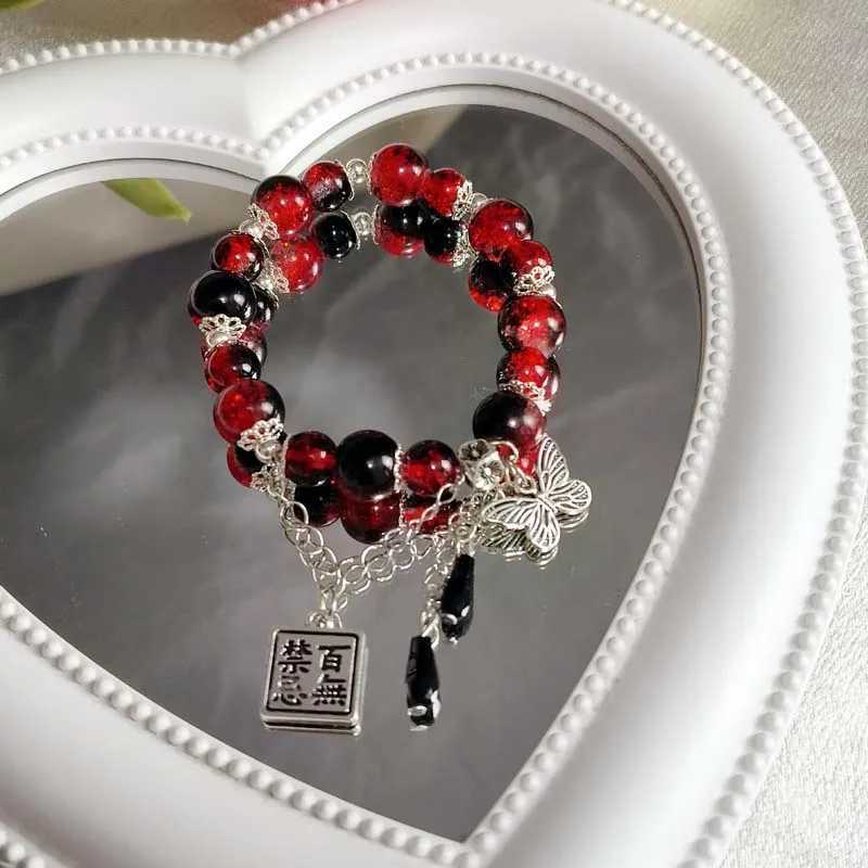 2024 New Trendy Red Beaded Chain Bracelet For Women Simple Hollow Butterfly Pendant Bracelets Jewelry AccessoriesX240921