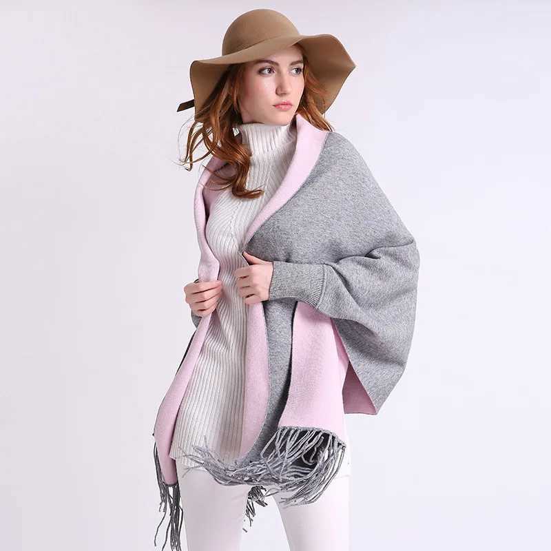 Womens raincoat with sleeves tassel knit shawl plus size cardigan winter long coat MUJI W240921