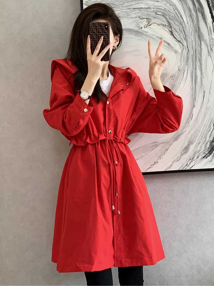 New 2021 Spring Autumn Long Trench Coat Women Loose Hooded Overcoat Female Adjustable Waist Outerwear Korean Fashion WindbreakerX240921