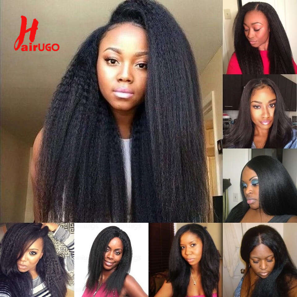 HairUGo 13*1 T Kinky Straight Remy Part For Women Human Hair 250% High Density Lace Closure Wigs