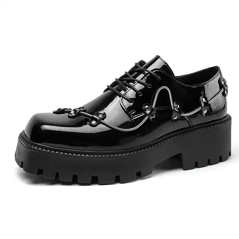 Black Brogue Shoes Men Classic Platform Oxford Dress Retro Patent Leather Footwear LowAnkle Party