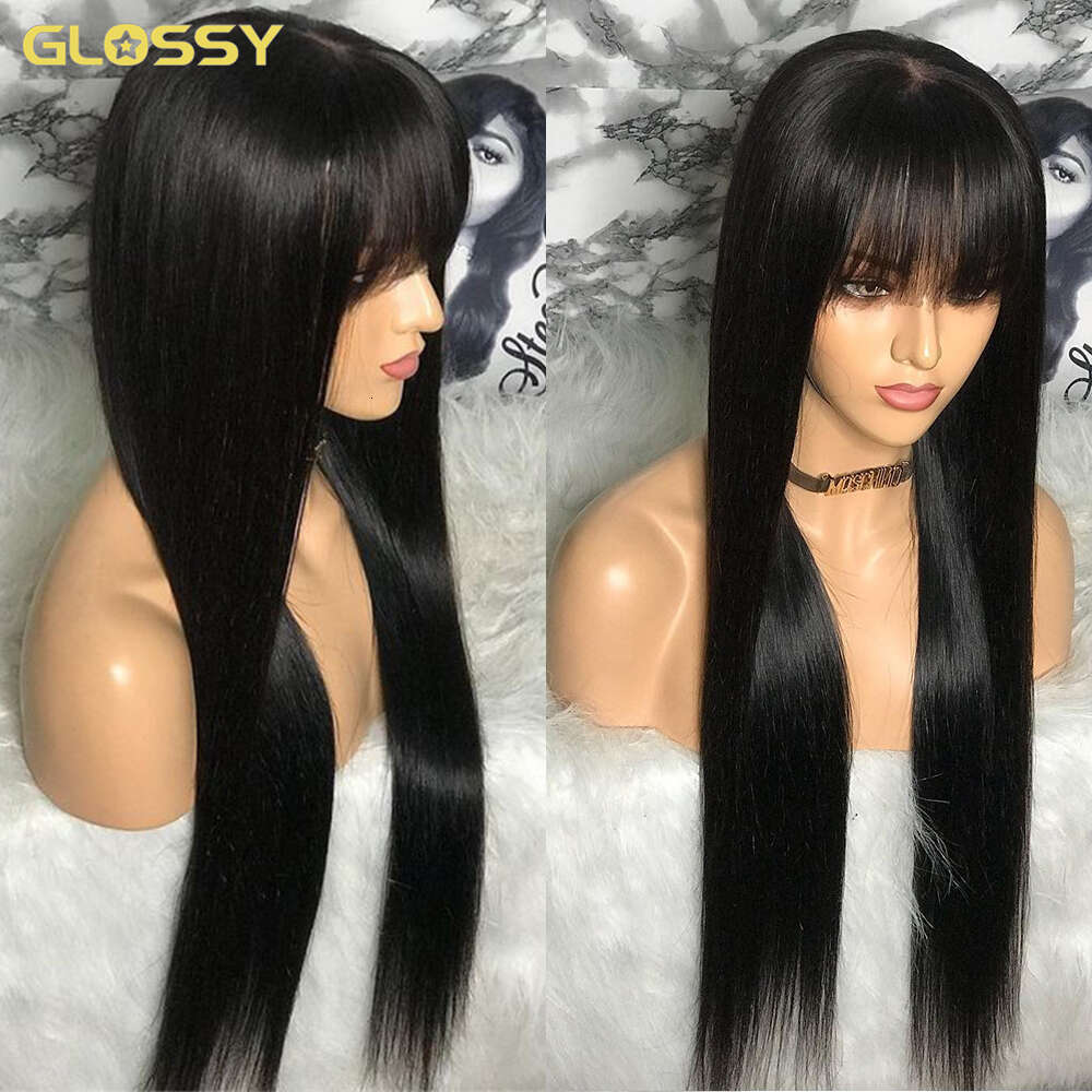 Fake 100% Human Hair Wig With Bangs For Women Cheap Brazilian Realistic Scalp Straight Lace Front Bob Fringe Wigs 30Inch