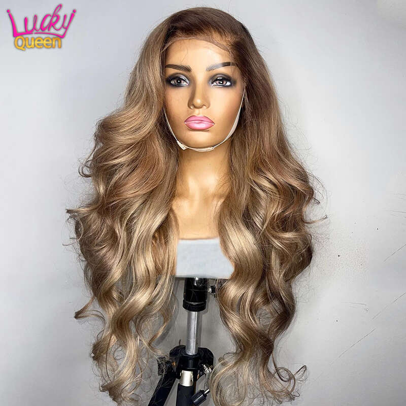 Ombre 13X4 Transparent Lace Front Human Hair Brown Root Body Wave Ash Blonde 5X5 Closure Wig Pre Plucked