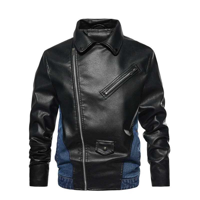 Mens leather jacket autumn and winter casual denim patch work top motorcycle armored jacket fashionable streetwear mens clothing S-3XL W240918