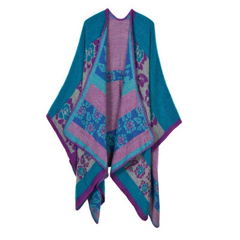 Autumn and winter checkered womens travel shawl imitates cashmere European ethnic style forked thick cloak raincoat shawl W240921