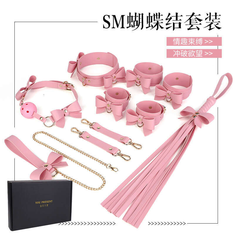 5-piece set of fun SM props set, macaron color butterfly bow, fun collar, women's binding handcuffs SM whip