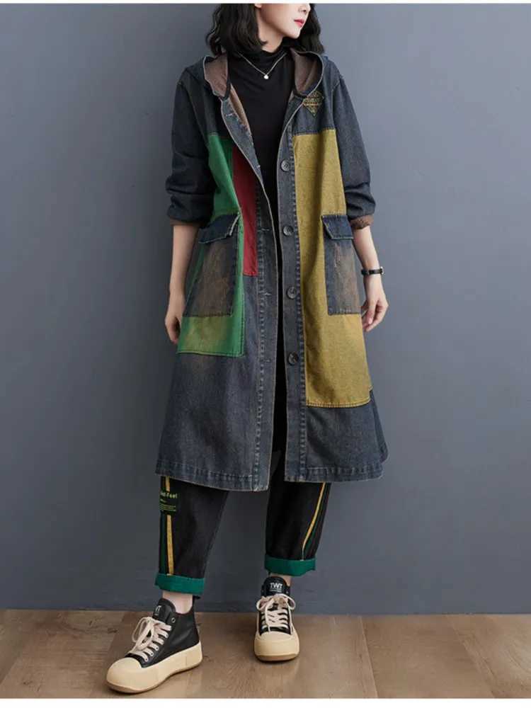 Oversized Autumn Denim Long Hoodies Trench Coat Women Modis Print Patchwork Ladies Windbreaks Casual Loose Woman Trench 2023X240921