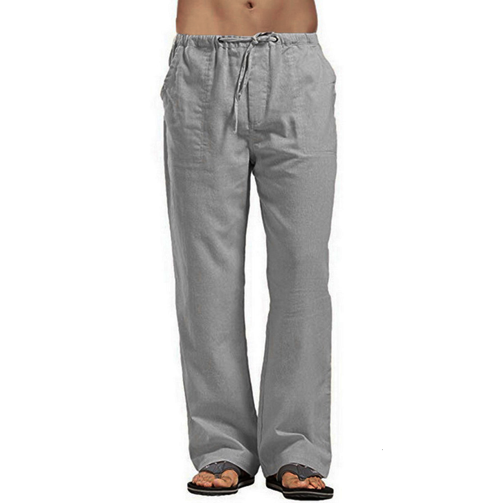 Men's Cotton En Loose Cool Pants Elastic Waist Long Pant Casual Large Size Streetwear Lightweight Trousers