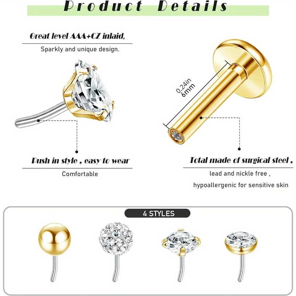 DOLOTTA 1Pc 316L Stainless Steel 16G Tragus Nose Studs Lip Labret Bar CZ Cartilage Earring Push in Flat Back Piercing Jewellery Y240921