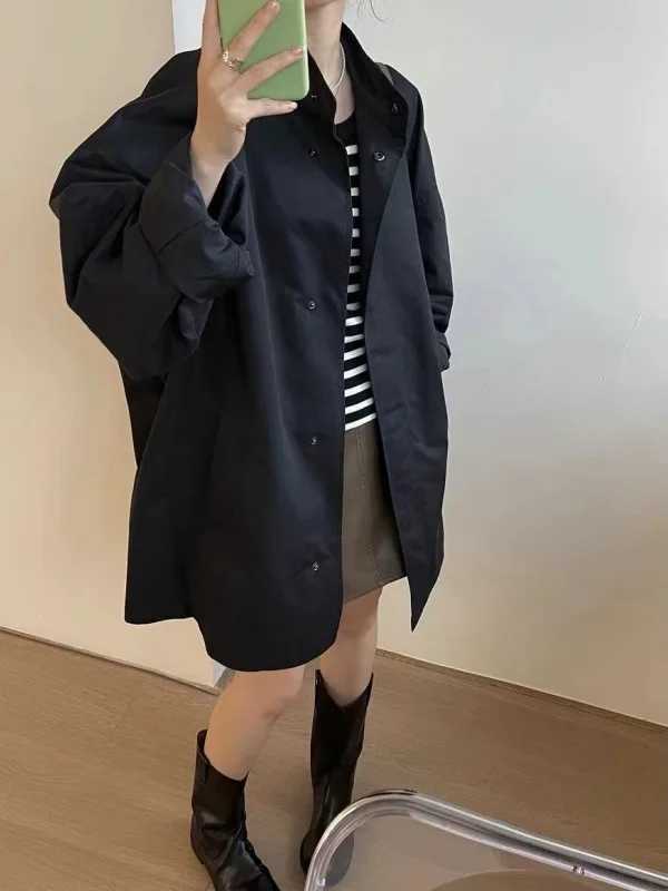 2024 Spring Wear Korean Thin Lazy Style Stand up Neck Loose and Casual Long sleeved Mid length Windbreaker Coat for Women KL9VX240921