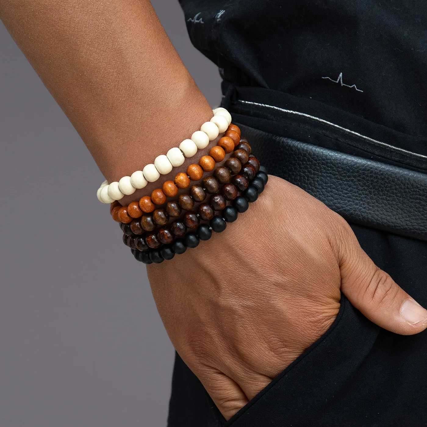 5-piece set of vintage multicolored wooden bead beaded mens braceletsX240921